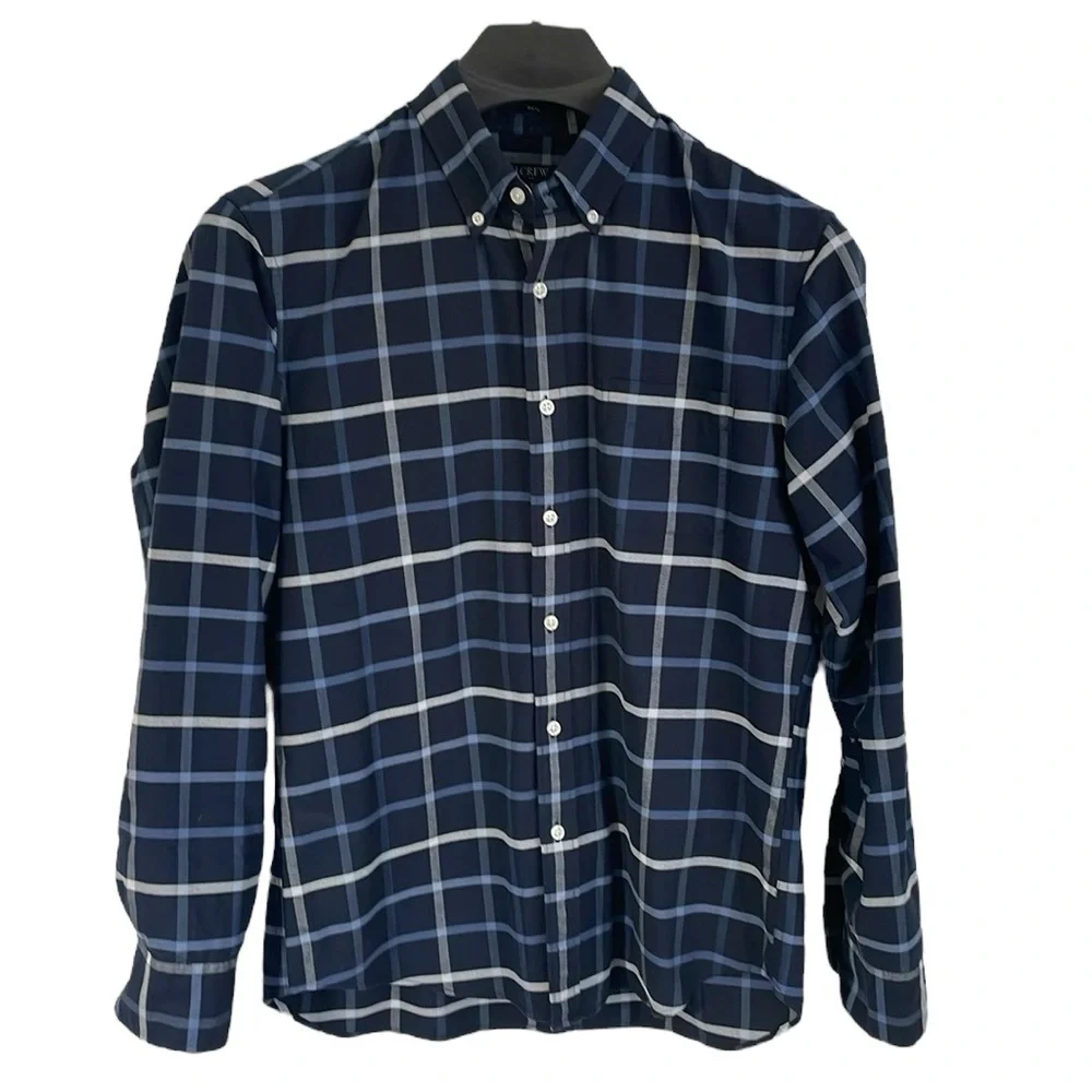 J. Crew men’s Size‎ Large Slim blue & white plaid cotton Flex Oxford shirt.